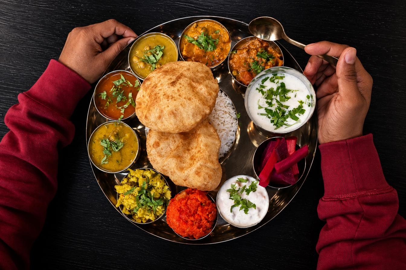 Een gast die aan een volle vegetarische thali begint